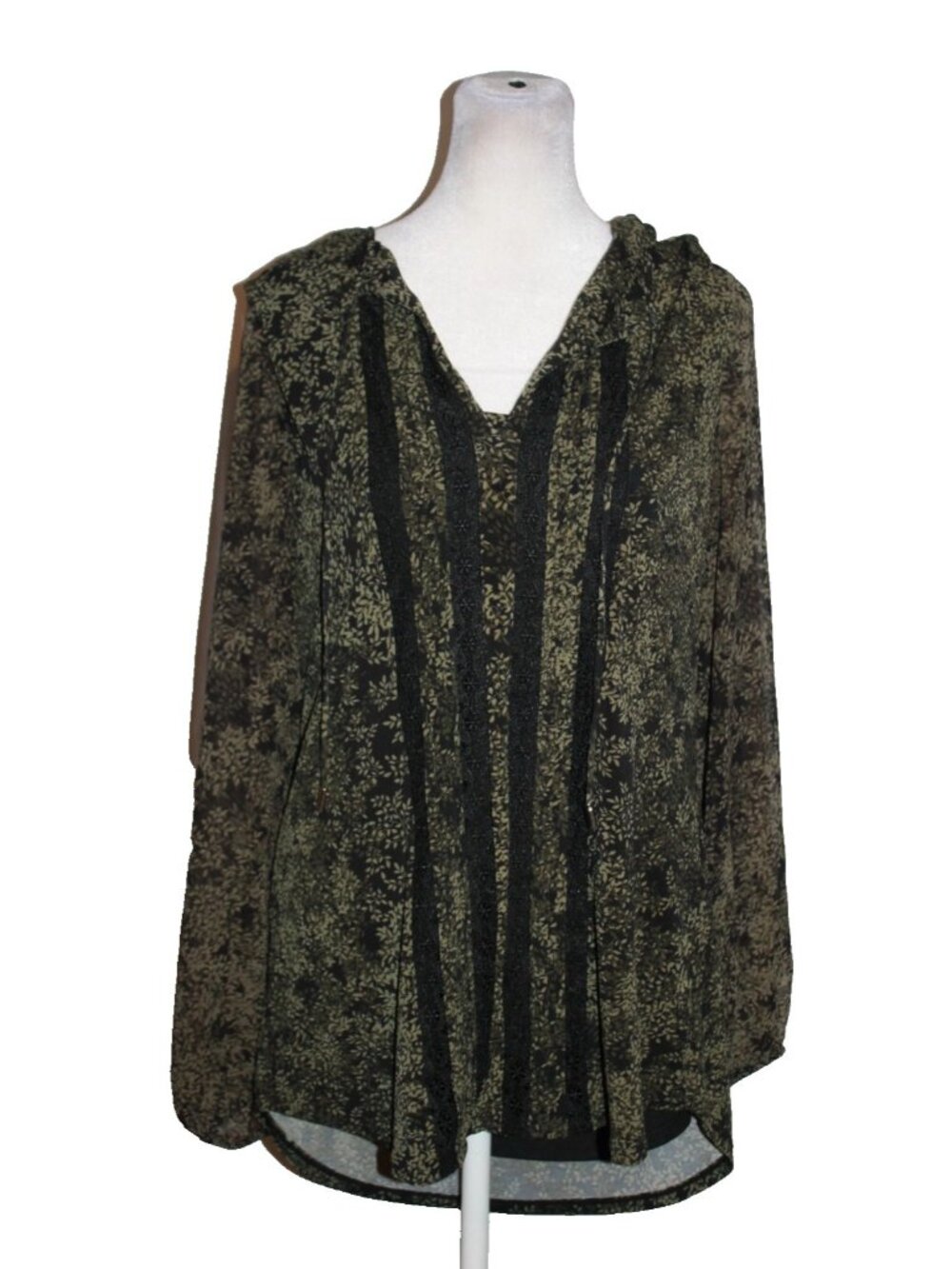 White House Black Market Long Length Green & Black V-Neck Blouse Top Size S